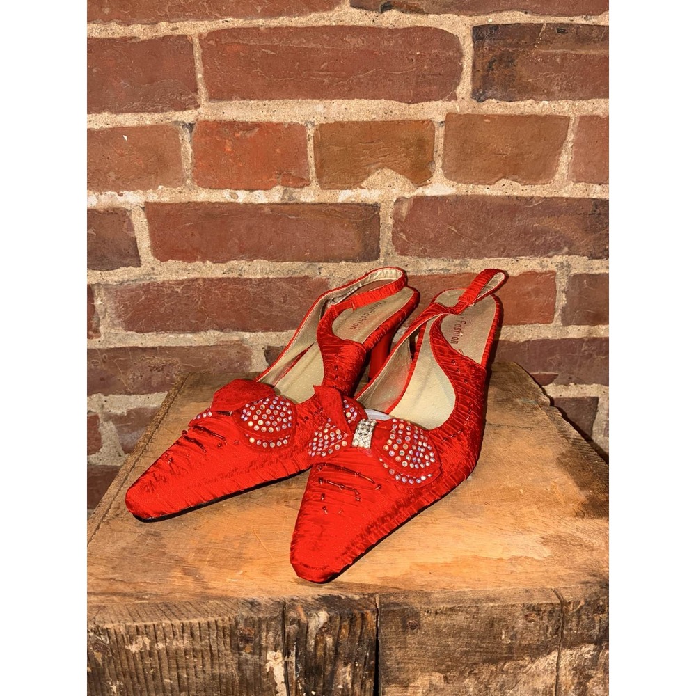 John Fashion Red Rhinestone Pointed Toe Bow Slingback Heels Women's 9